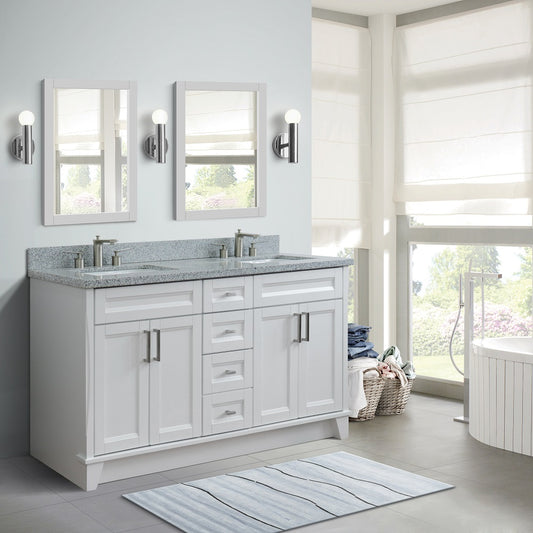 61" Double sink vanity in White finish and Gray granite and rectangle sink