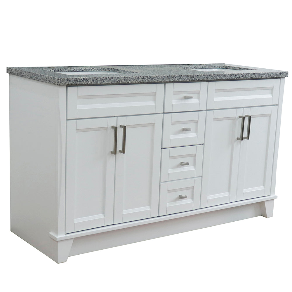 61" Double sink vanity in White finish and Gray granite and rectangle sink