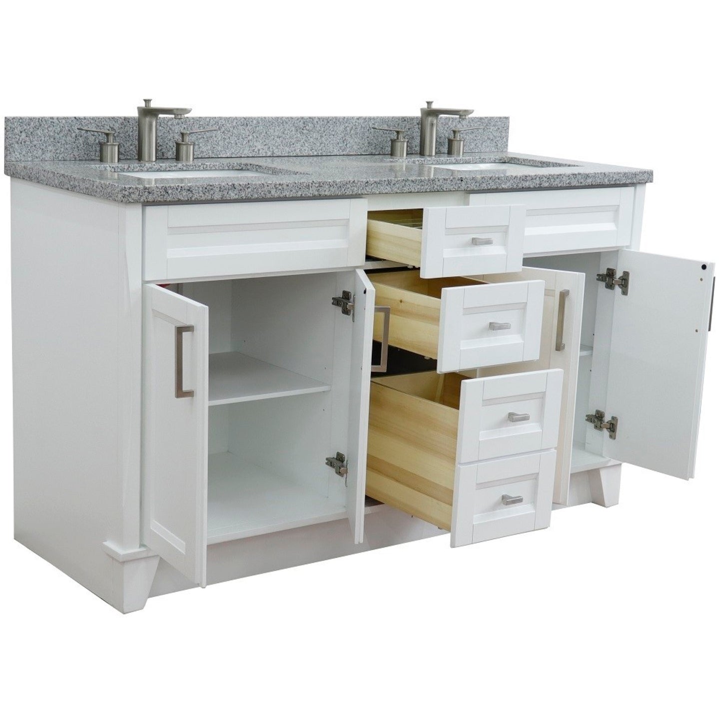 61" Double sink vanity in White finish and Gray granite and rectangle sink