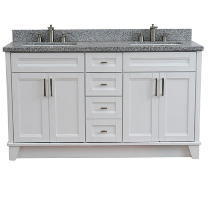 61" Double sink vanity in White finish and Gray granite and rectangle sink