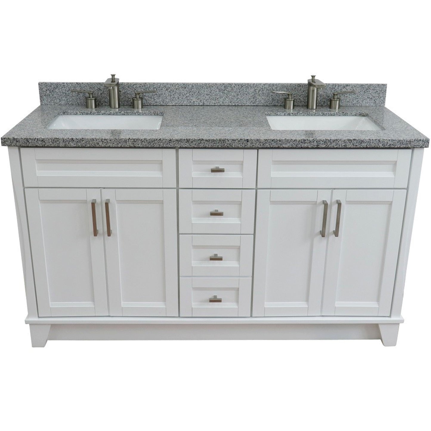 61" Double sink vanity in White finish and Gray granite and rectangle sink