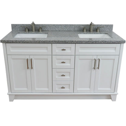 61" Double sink vanity in White finish and Gray granite and rectangle sink