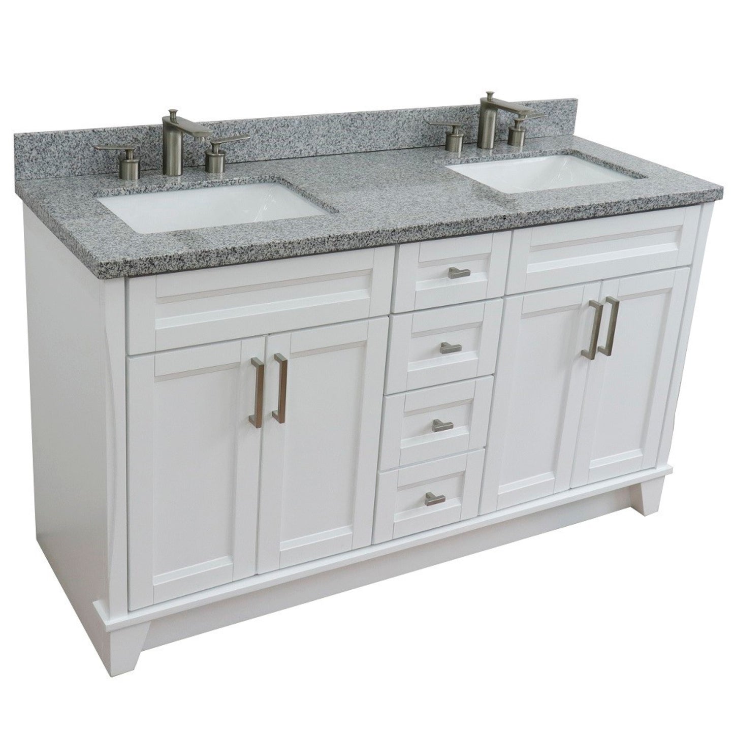 61" Double sink vanity in White finish and Gray granite and rectangle sink
