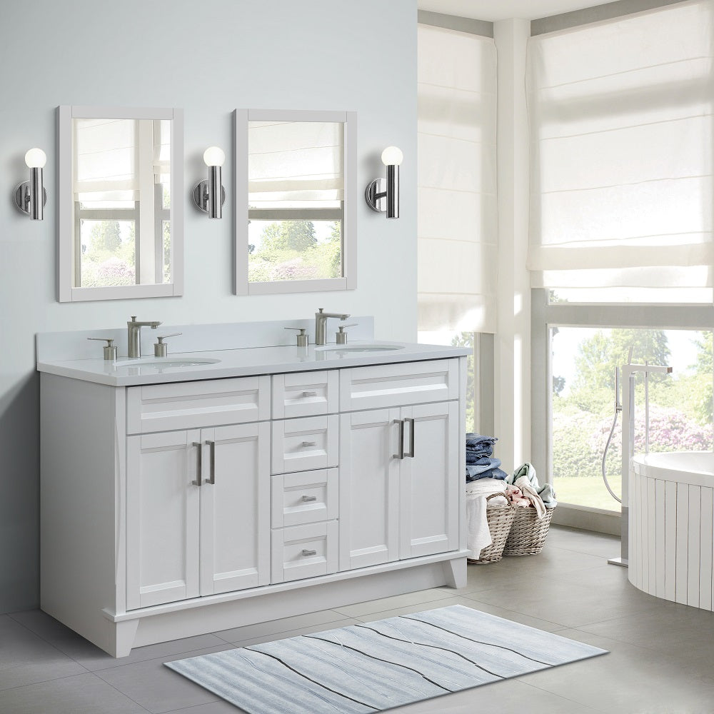 61" Double sink vanity in White finish and White engineered stone and oval sink