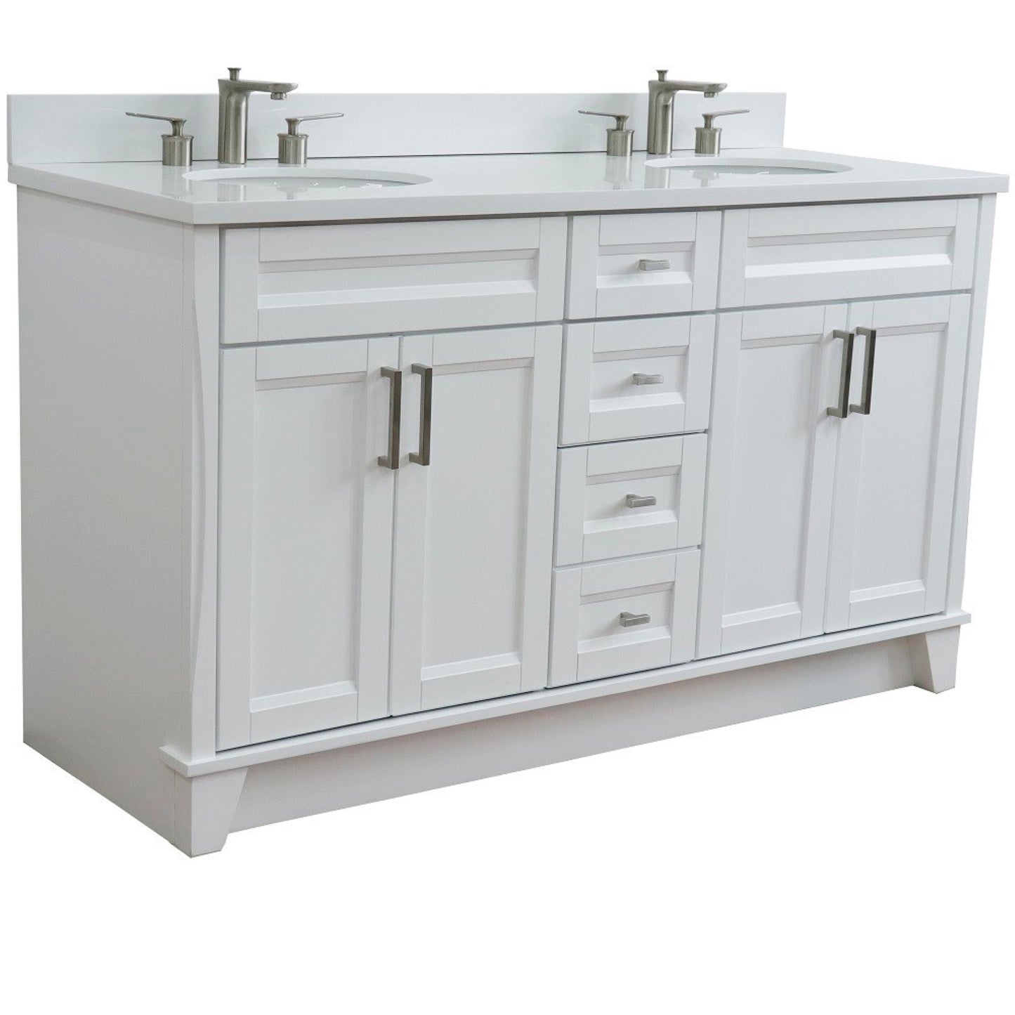 61" Double sink vanity in White finish and White engineered stone and oval sink