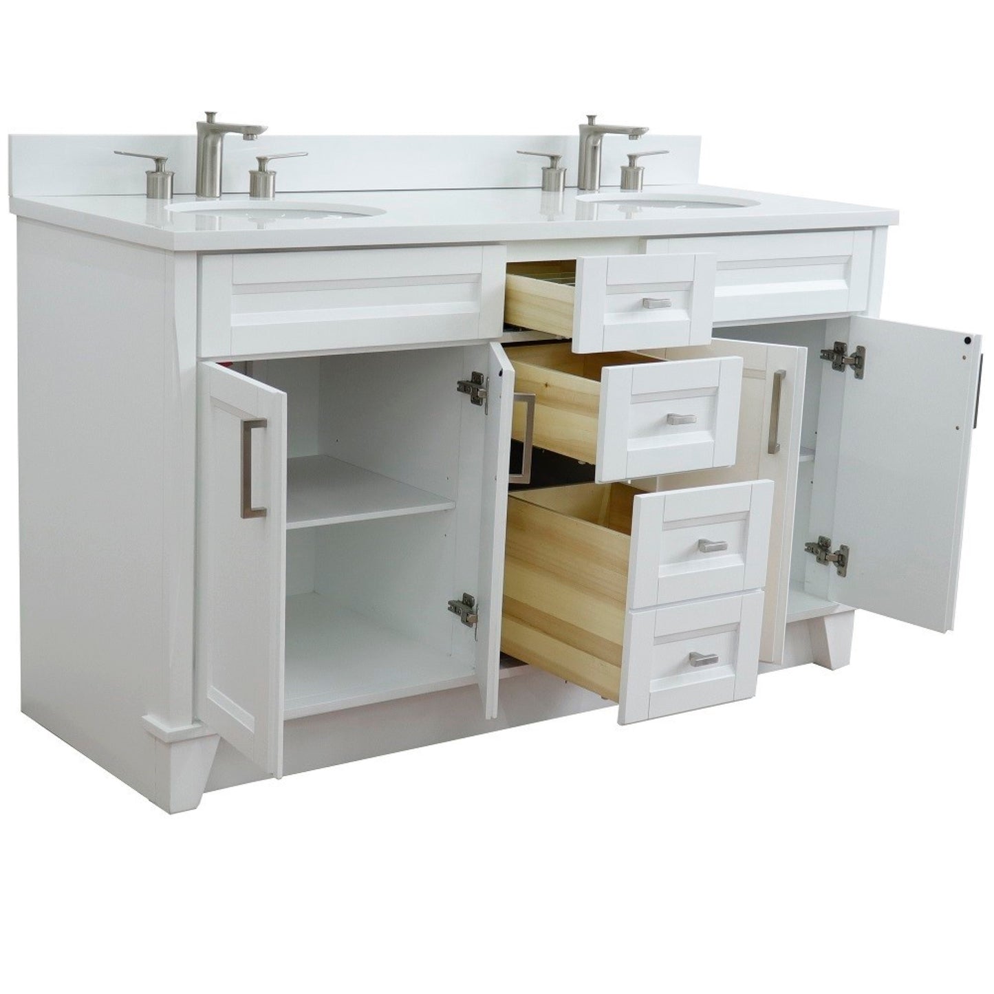 61" Double sink vanity in White finish and White engineered stone and oval sink