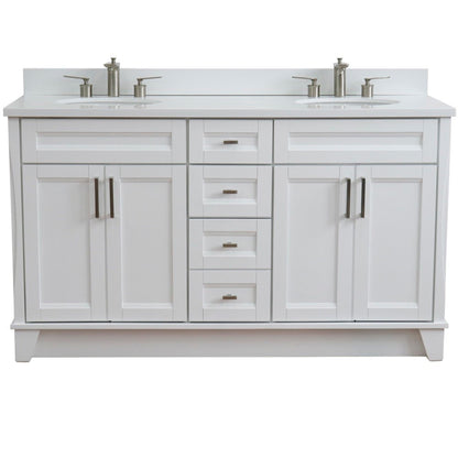 61" Double sink vanity in White finish and White engineered stone and oval sink