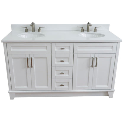 61" Double sink vanity in White finish and White engineered stone and oval sink