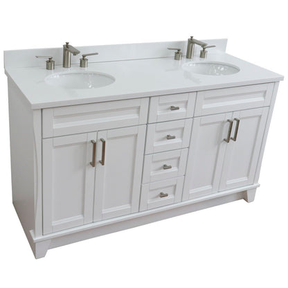 61" Double sink vanity in White finish and White engineered stone and oval sink