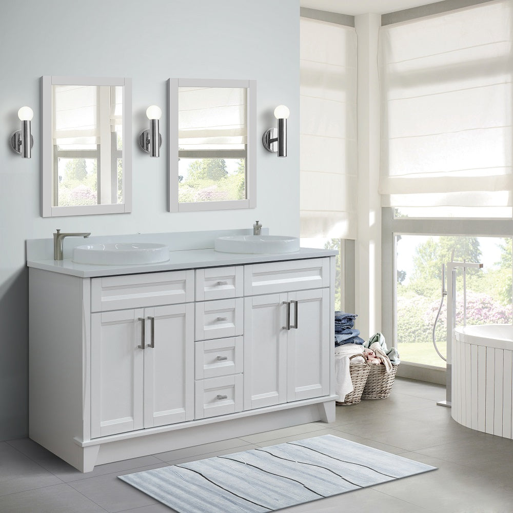 61" Double sink vanity in White finish and White engineered stone and round sink