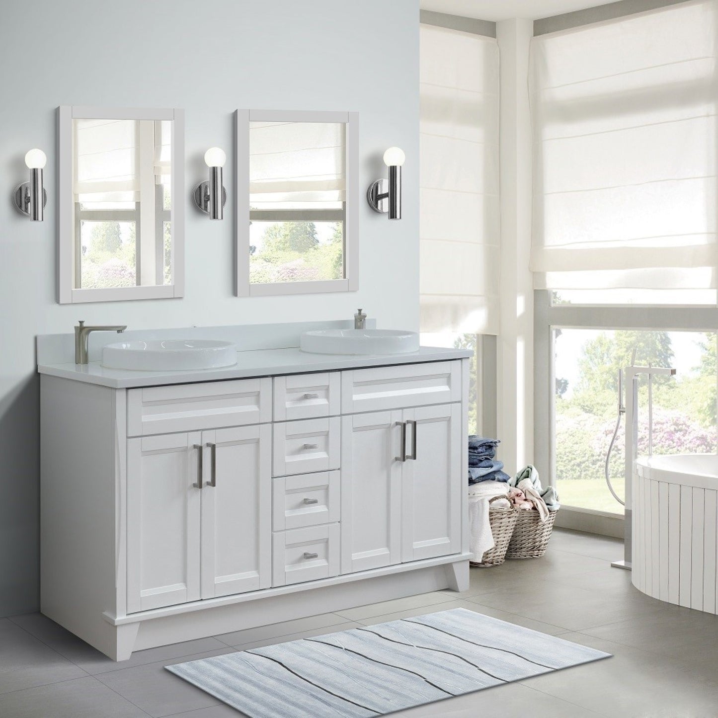61" Double sink vanity in White finish and White engineered stone and round sink