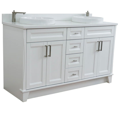 61" Double sink vanity in White finish and White engineered stone and round sink
