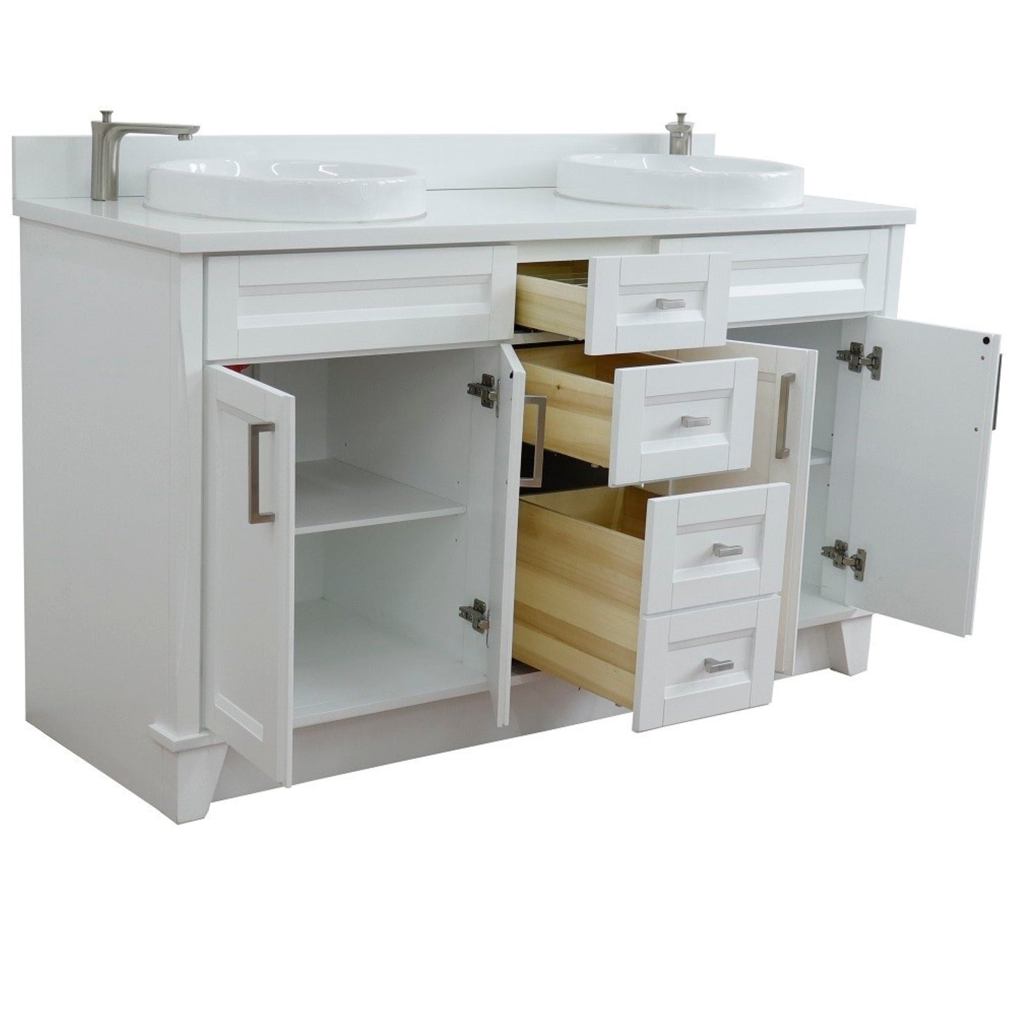 61" Double sink vanity in White finish and White engineered stone and round sink