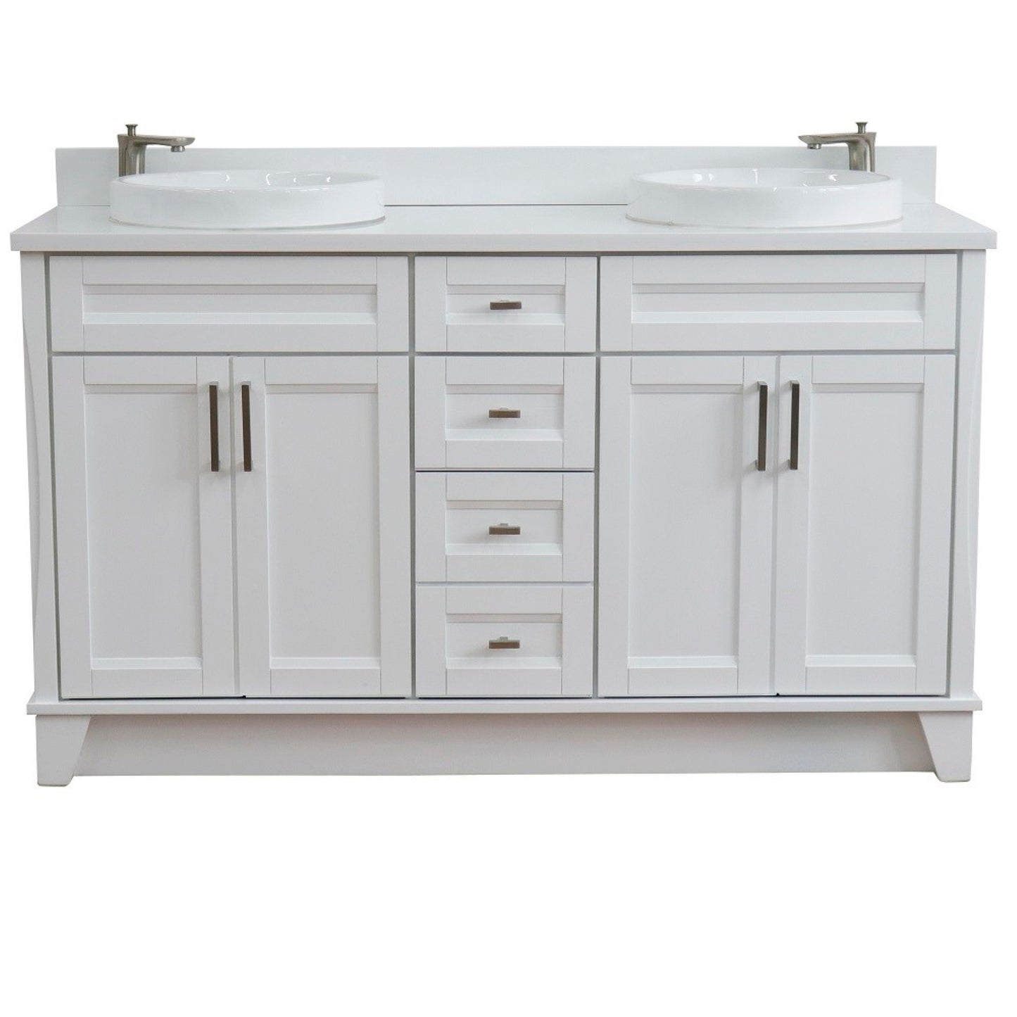 61" Double sink vanity in White finish and White engineered stone and round sink