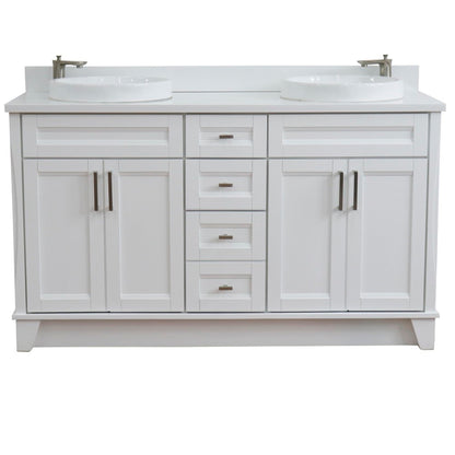 61" Double sink vanity in White finish and White engineered stone and round sink