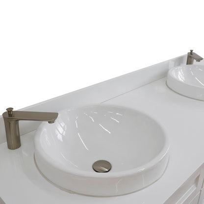 61" Double sink vanity in White finish and White engineered stone and round sink