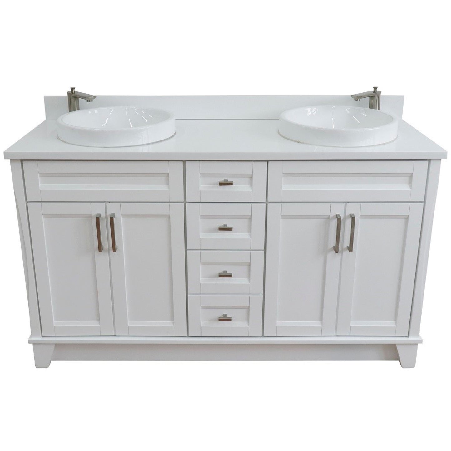 61" Double sink vanity in White finish and White engineered stone and round sink