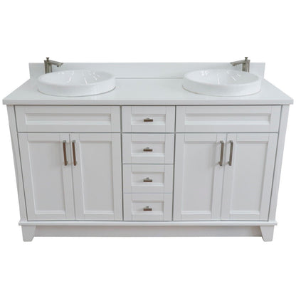 61" Double sink vanity in White finish and White engineered stone and round sink