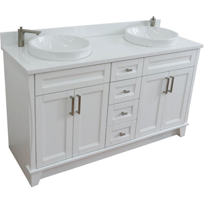61" Double sink vanity in White finish and White engineered stone and round sink