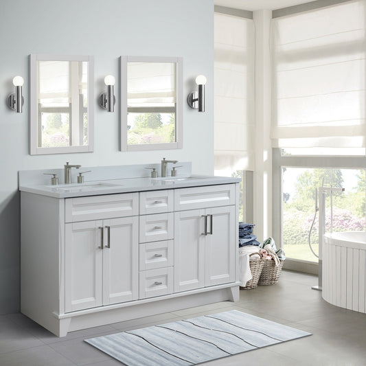 61" Double sink vanity in White finish and White engineered stone and rectangle sink