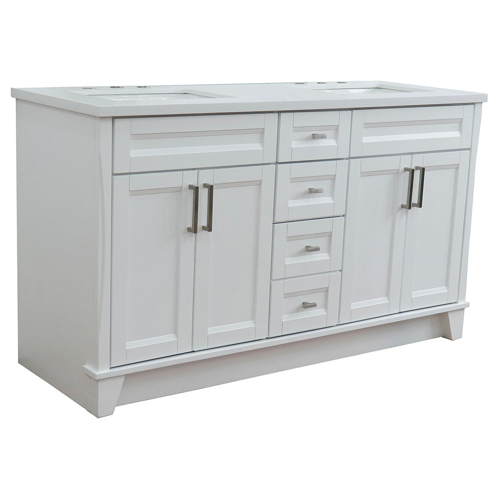 61" Double sink vanity in White finish and White engineered stone and rectangle sink