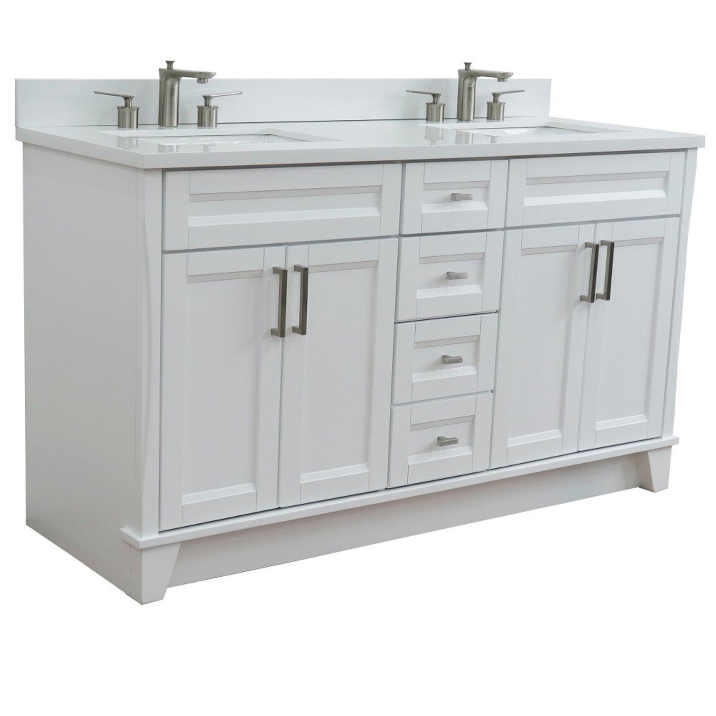 61" Double sink vanity in White finish and White engineered stone and rectangle sink