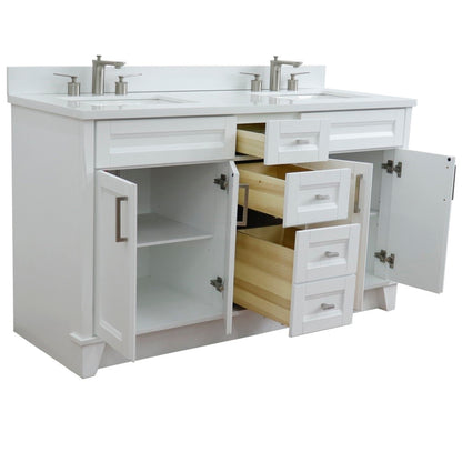 61" Double sink vanity in White finish and White engineered stone and rectangle sink