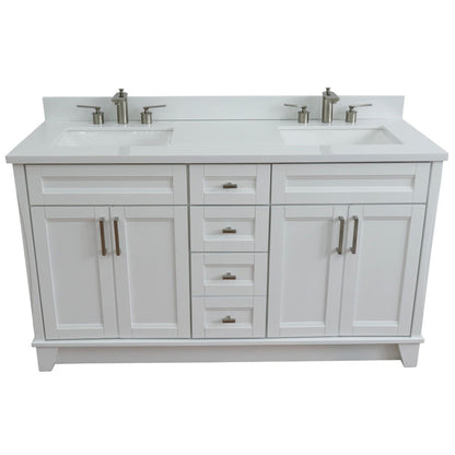 61" Double sink vanity in White finish and White engineered stone and rectangle sink