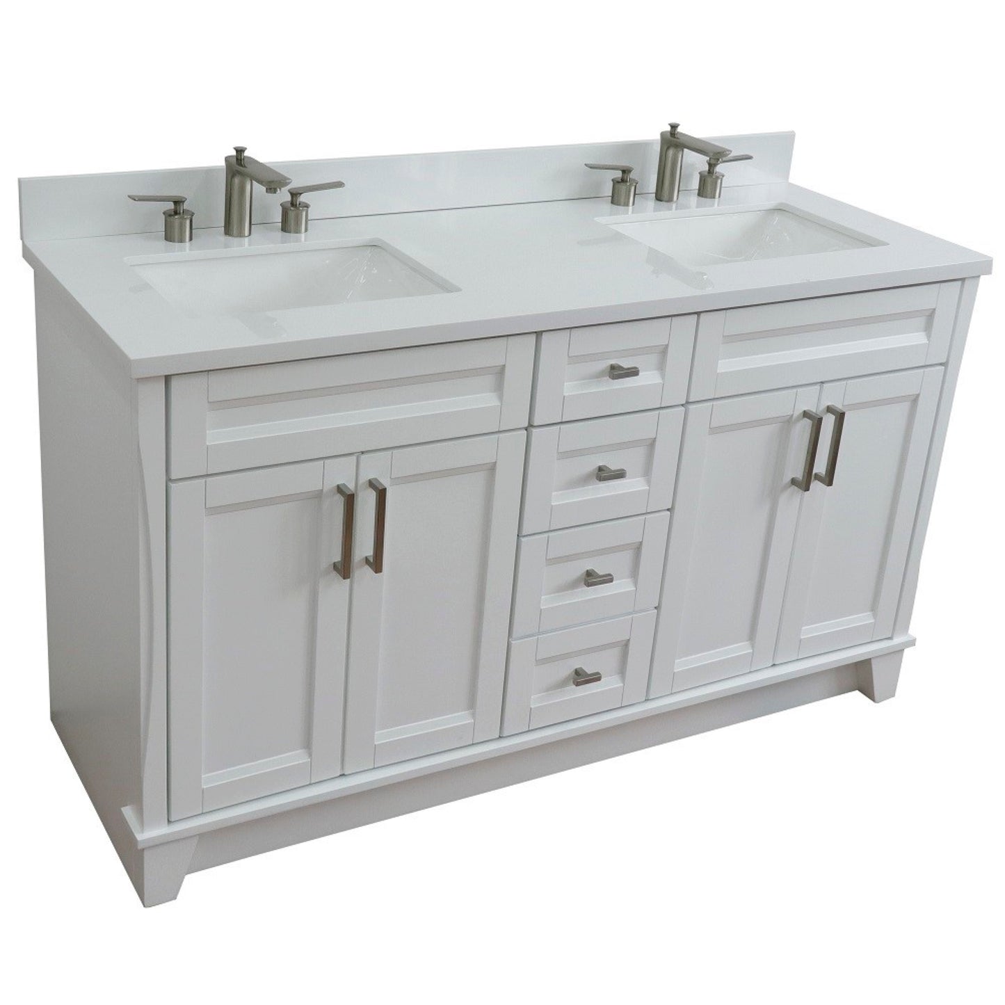 61" Double sink vanity in White finish and White engineered stone and rectangle sink