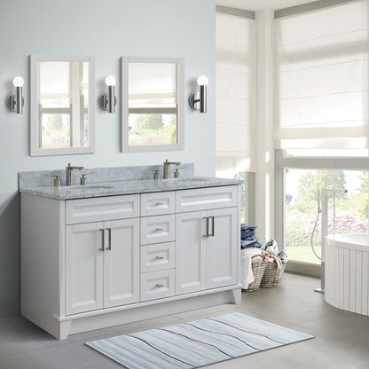 61" Double sink vanity in White finish and White Carrara marble and oval sink
