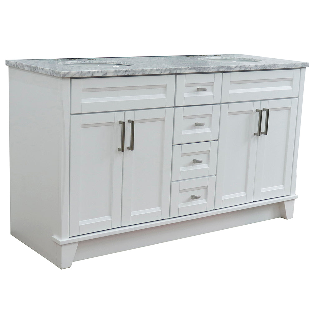 61" Double sink vanity in White finish and White Carrara marble and oval sink