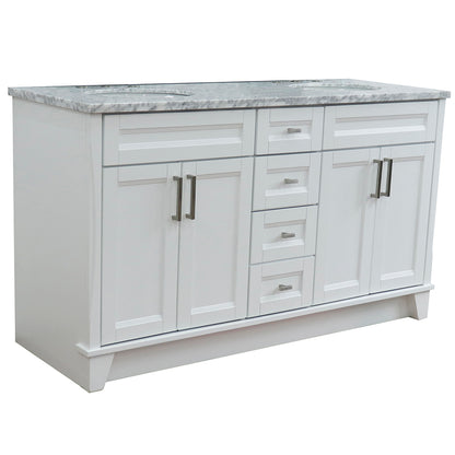 61" Double sink vanity in White finish and White Carrara marble and oval sink