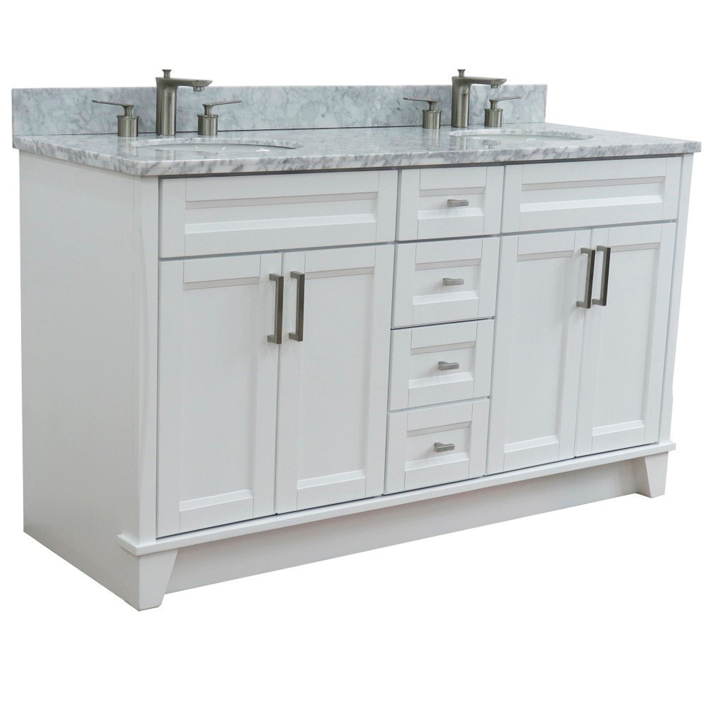 61" Double sink vanity in White finish and White Carrara marble and oval sink