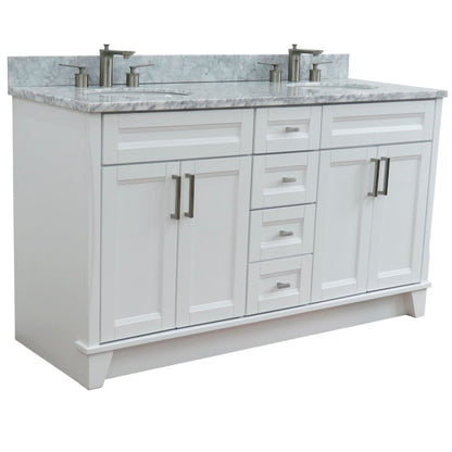 61" Double sink vanity in White finish and White Carrara marble and oval sink