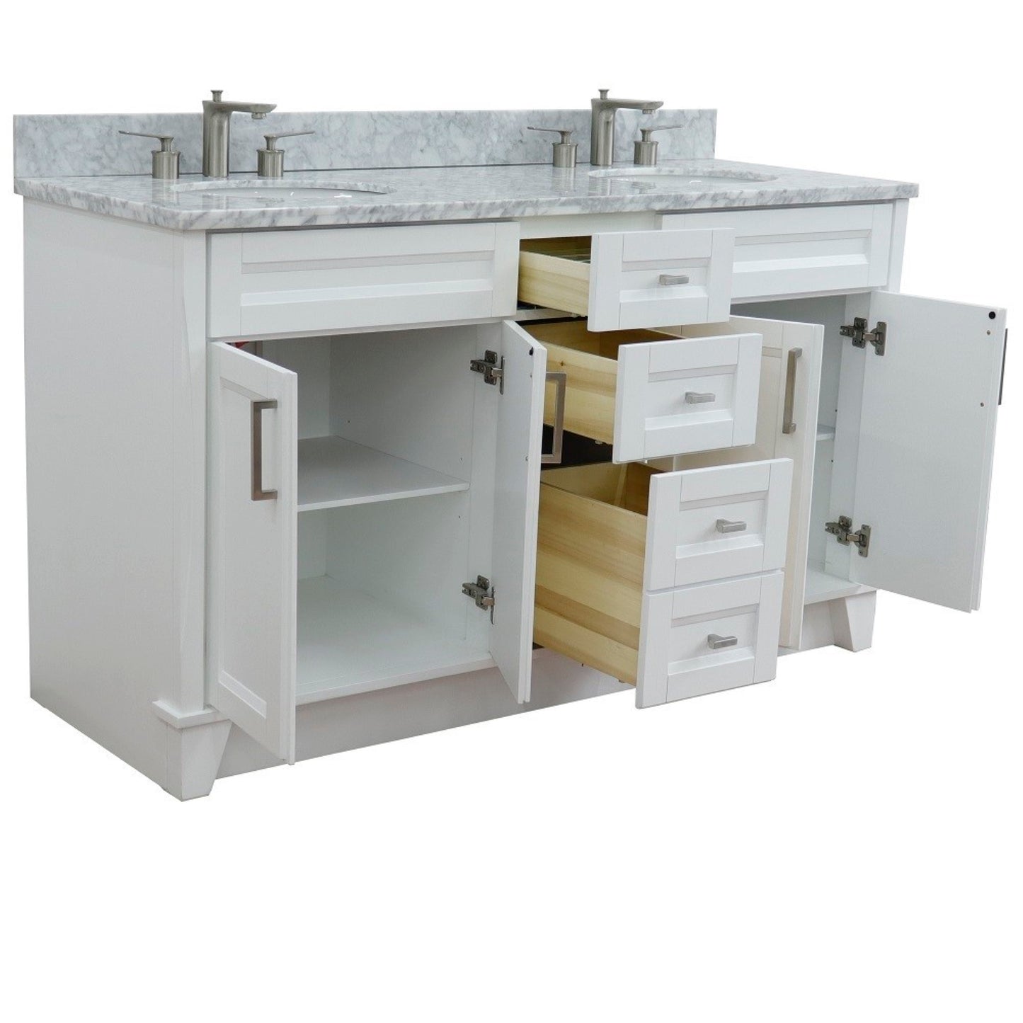 61" Double sink vanity in White finish and White Carrara marble and oval sink