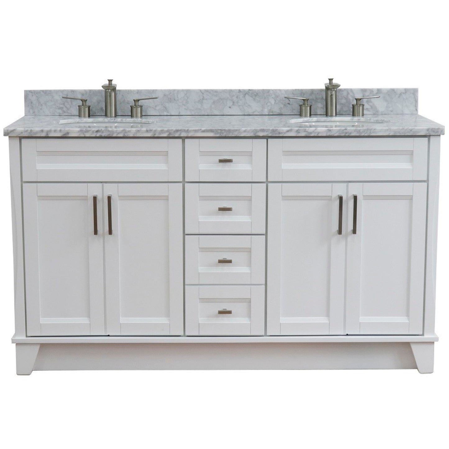 61" Double sink vanity in White finish and White Carrara marble and oval sink