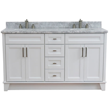 61" Double sink vanity in White finish and White Carrara marble and oval sink