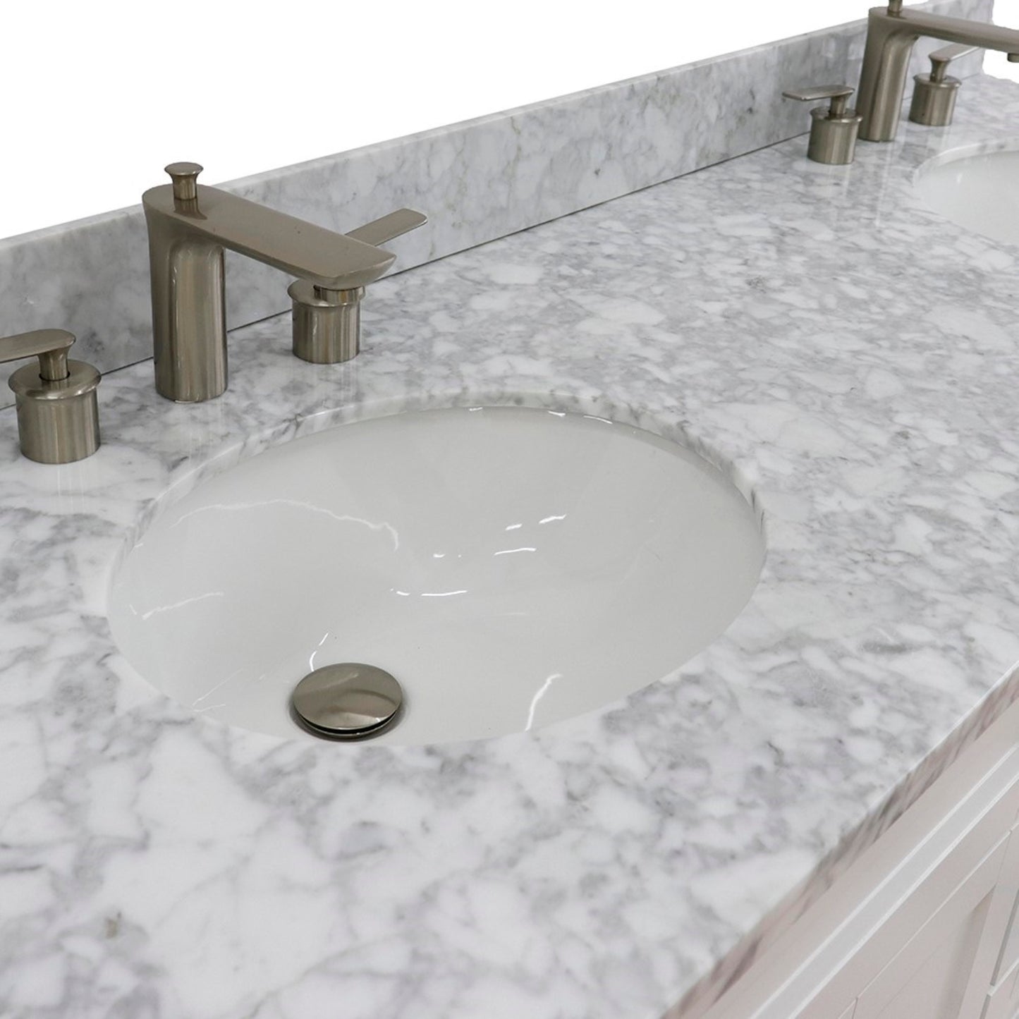 61" Double sink vanity in White finish and White Carrara marble and oval sink