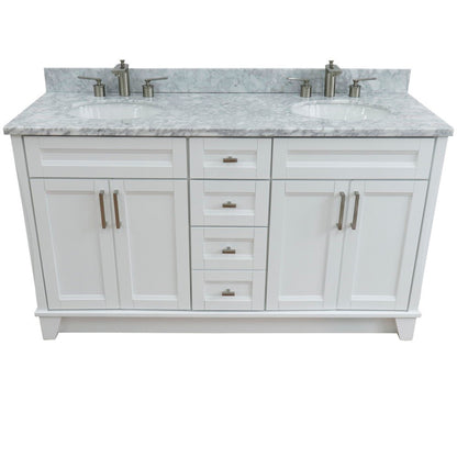 61" Double sink vanity in White finish and White Carrara marble and oval sink
