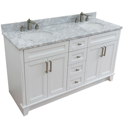 61" Double sink vanity in White finish and White Carrara marble and oval sink