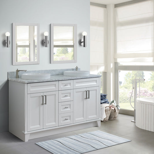 61" Double sink vanity in White finish and White Carrara marble and round sink