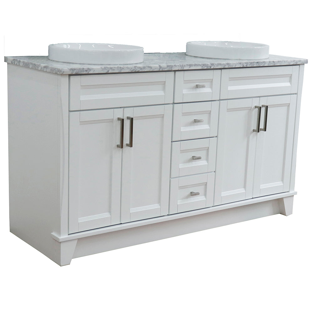 61" Double sink vanity in White finish and White Carrara marble and round sink