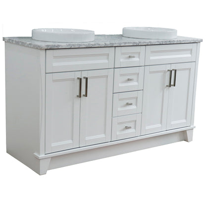 61" Double sink vanity in White finish and White Carrara marble and round sink