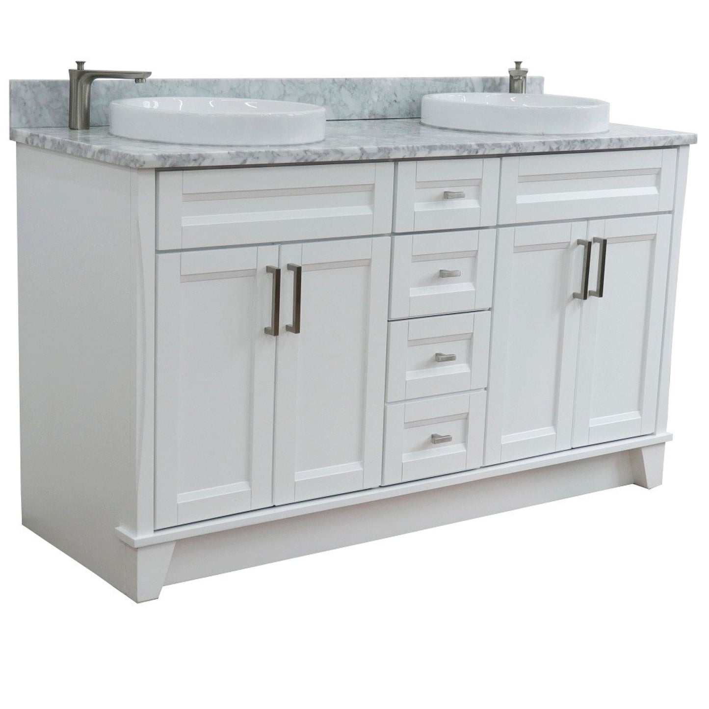 61" Double sink vanity in White finish and White Carrara marble and round sink