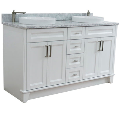 61" Double sink vanity in White finish and White Carrara marble and round sink