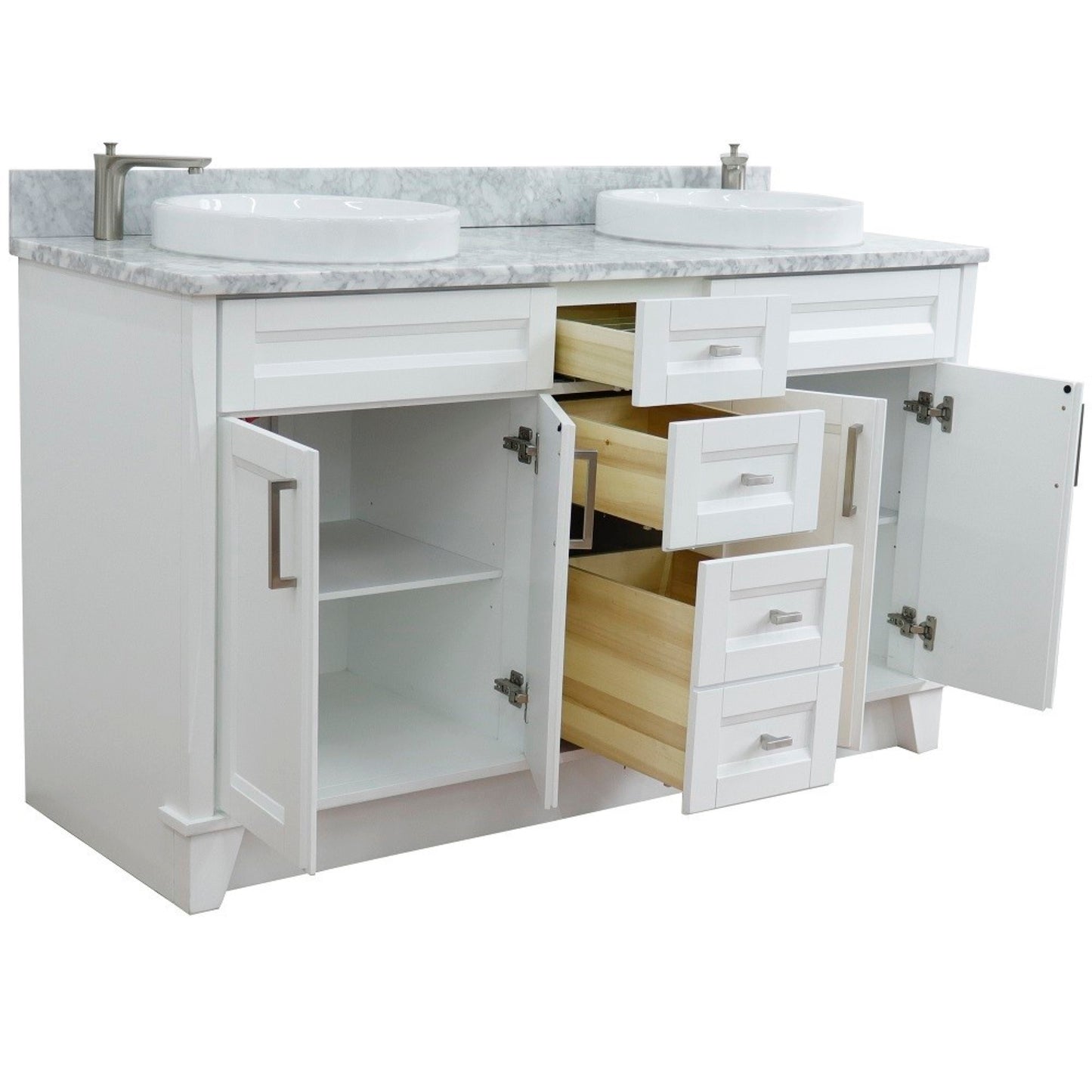 61" Double sink vanity in White finish and White Carrara marble and round sink