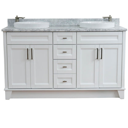 61" Double sink vanity in White finish and White Carrara marble and round sink