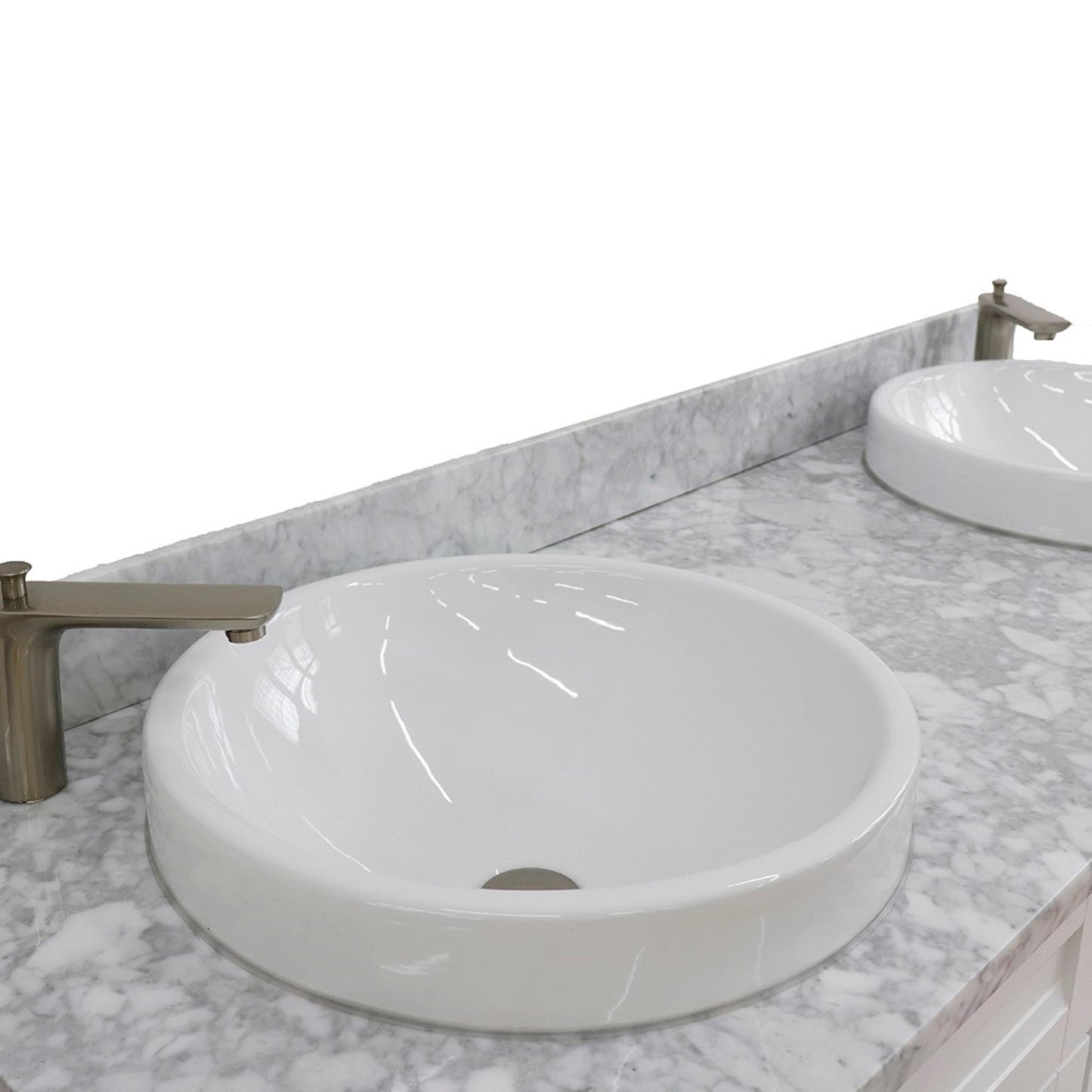 61" Double sink vanity in White finish and White Carrara marble and round sink
