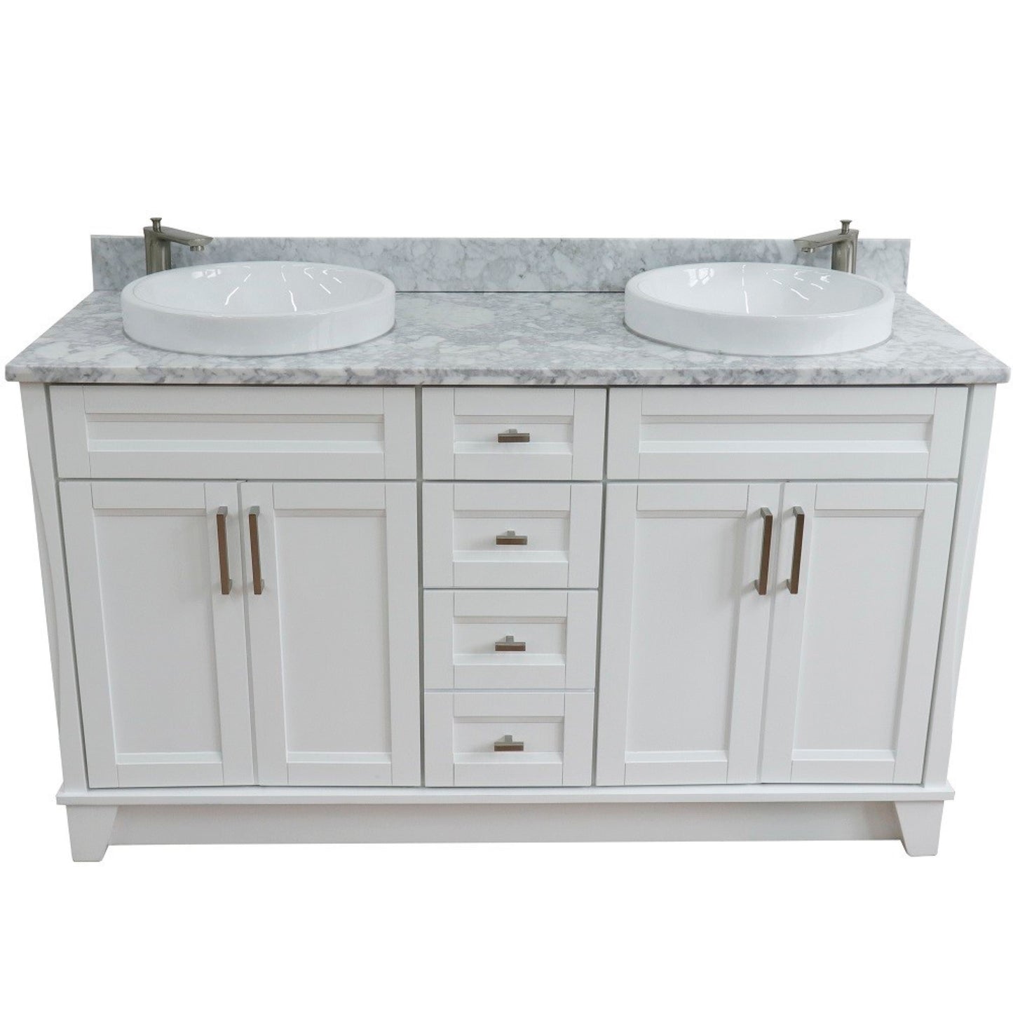 61" Double sink vanity in White finish and White Carrara marble and round sink