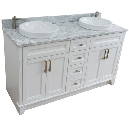 61" Double sink vanity in White finish and White Carrara marble and round sink